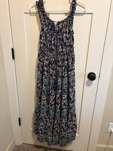 Nostalgia Navy Blue Floral Maxi Dress with Orange Pink and Green Flowers Size M