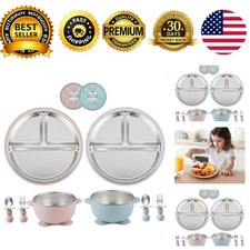 8PCS Baby Feeding Set Stainless Steel Suction Plates Bowls Silicone Fork Spoon