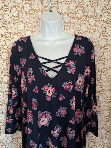 Three Pink Hearts Dress M Navy Floral Pop Over Asymmetrical Hem Strappy Boho - Picture 7 of 13