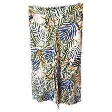 NWT Tahari 100 Linen Pull On Cropped Wide Leg Pants Women L Palm Print Boho