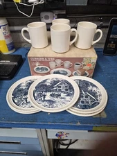 CURRIER & IVES 9 Piece Cake And Coffee Set Royal China Company Old Stock See Pic