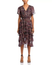 KOKO + MASON Tiered Midi Dress Women's XS Brown Floral V-Neck Pullover Style S/S