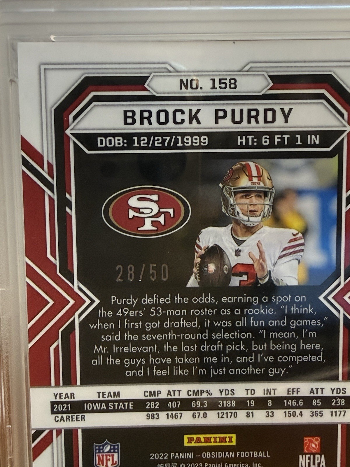 2022 PANINI OBSIDIAN #158 BROCK PURDY  ELECTRIC ETCH GREEN RC /50 PSA 9 view 3