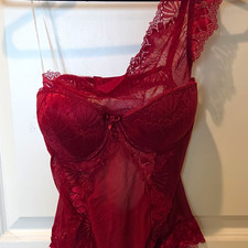 Women s Red Solid Sheer Semi-Transparent One-Piece Bodysuit Teddy, Medium G6