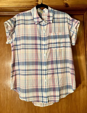 True Craft Womens Plaid Cap Sleeve Button-up Shirt Cotton Woven Pockets M True Craft Womens Plaid Cap Sleeve Button-up Shirt Cotton Woven Pockets M