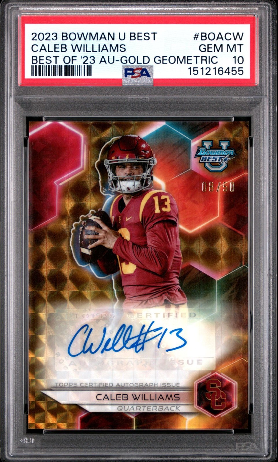 2023 Bowman's Best Caleb Williams Gold Geometric Auto /50 PSA 10 GEM MINT #BOACW