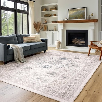 Boho Floral Area Rug, 6x9 Washable Non Slip, Vintage, Cream Beige