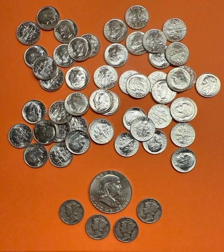 Lot Of 54 Silver Dimes (50 Unc 1960 Roosevelt + 4 Merc) 1 Franklin, $5.90 Face
