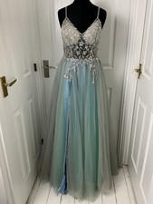 Beautiful Ball Gown Prom Tulle Beaded Bodice Dress Silver/Blue US Size 8 UK 12 