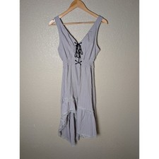 Boho Lace Up Smocked Waist High Low Tiered Lace Trim Dress Lavender Grey Small