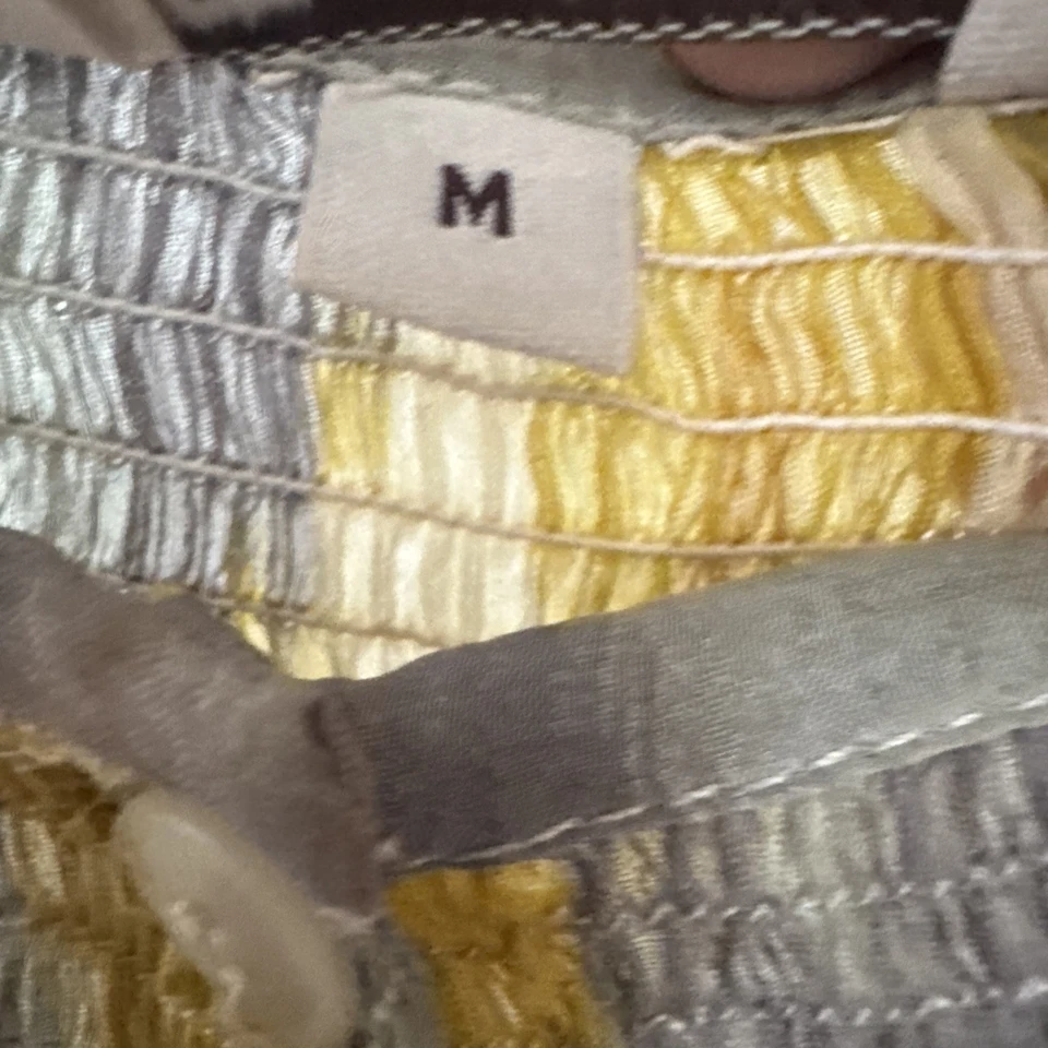 Blusa Top Tucker 100% Seda Cuello Calado Talla M Amarillo Gris Estampado Ikat Transparente Foto 3 de 4