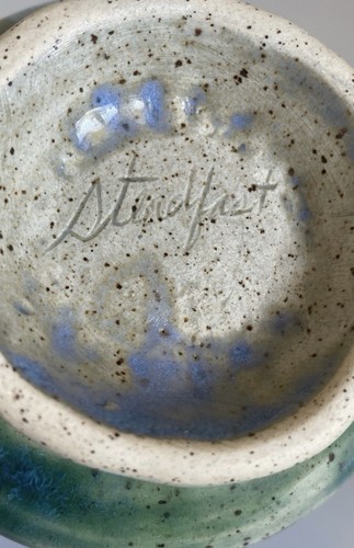 Blue Green Moth Design Pottery Coffee Cup Mug Ornate Handle Signed Steadfast - Picture 6 of 9