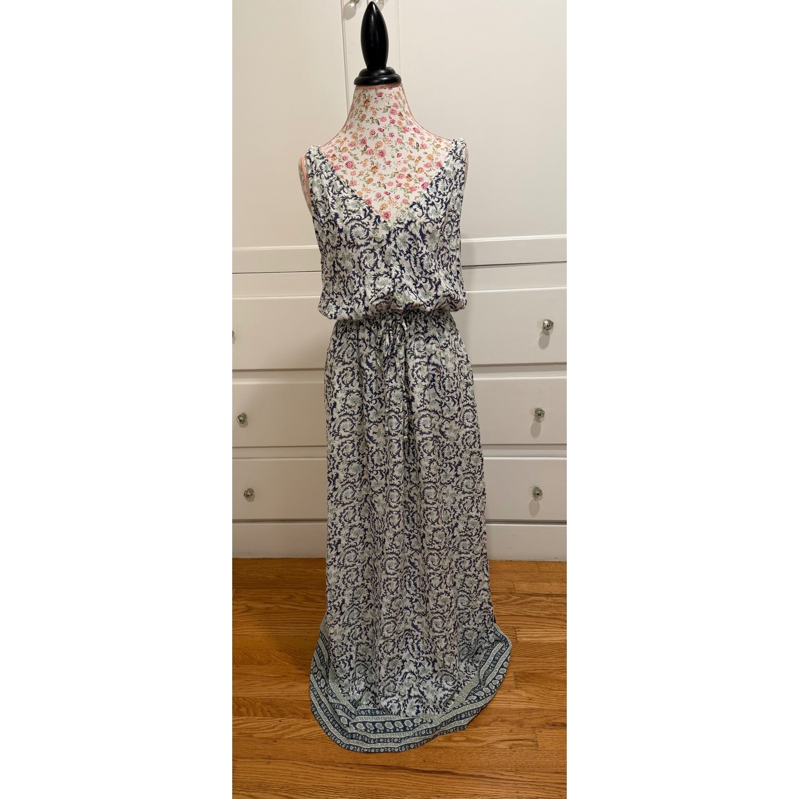Lucky Brand Womens Blue Green Floral Paisley V-Neck Maxi Dress Size L