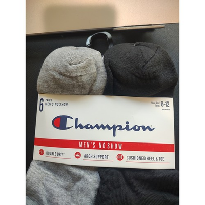 #ad Champion No Show Socks Men Size 6 12 Black Grey NEW 6 Pairs Double Dry Athletic $10.00