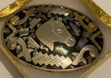 Vintage Metal Belt Buckle, Alpaca Silver and Abalone Design, Nice Horse Head