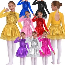 Kids Girls Leotard Skirted Dresses Latin Dancewear Sheer Mesh Costume Ballerina