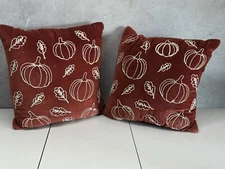 Pumpkin Throw Pillow Set ~  Burnt Orange with Pumpkins ~ 15” x 15”