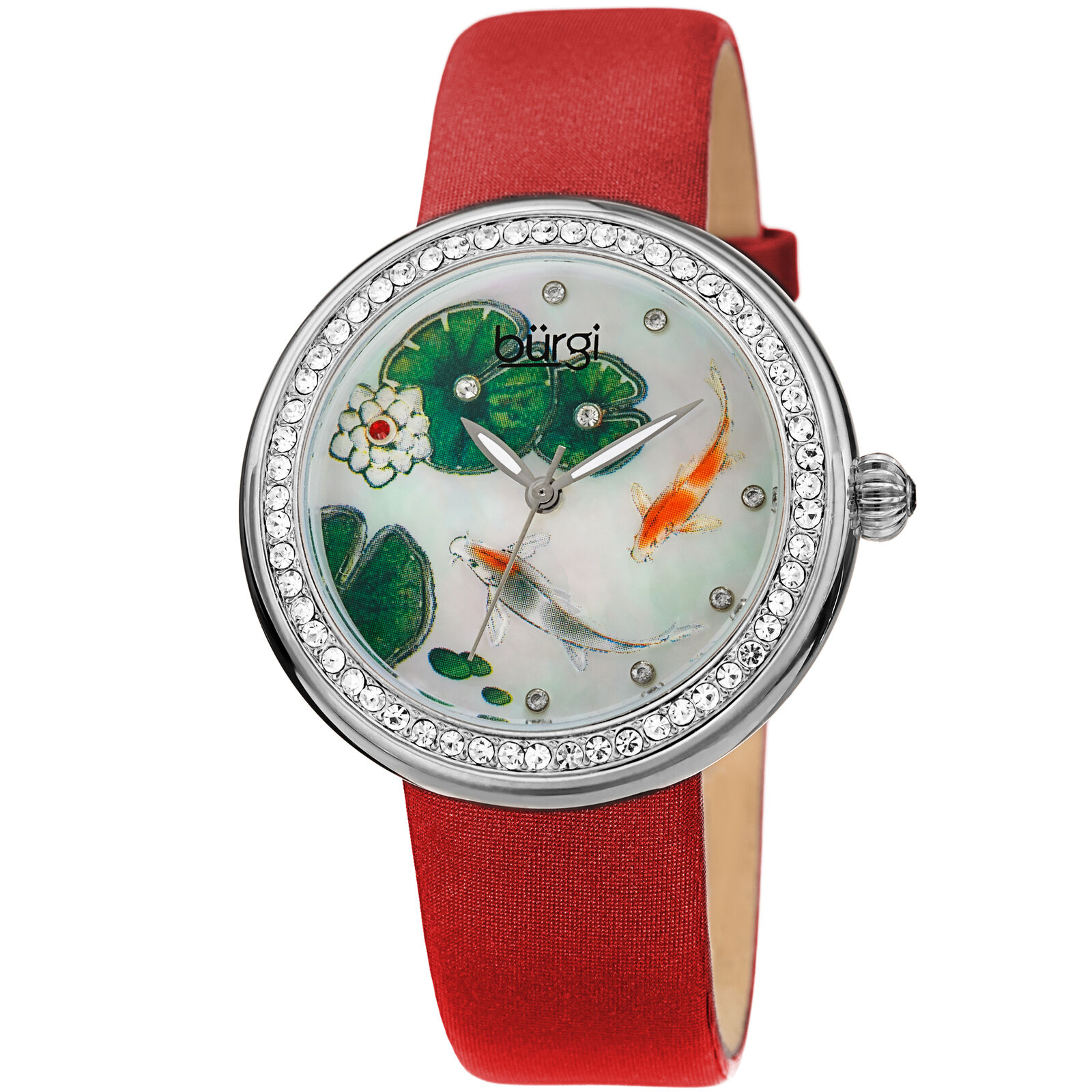 Femmes Burgi BUR188RD Cristal Poisson Fleur Cadran Rouge Satin Cuir Sangle Watch
