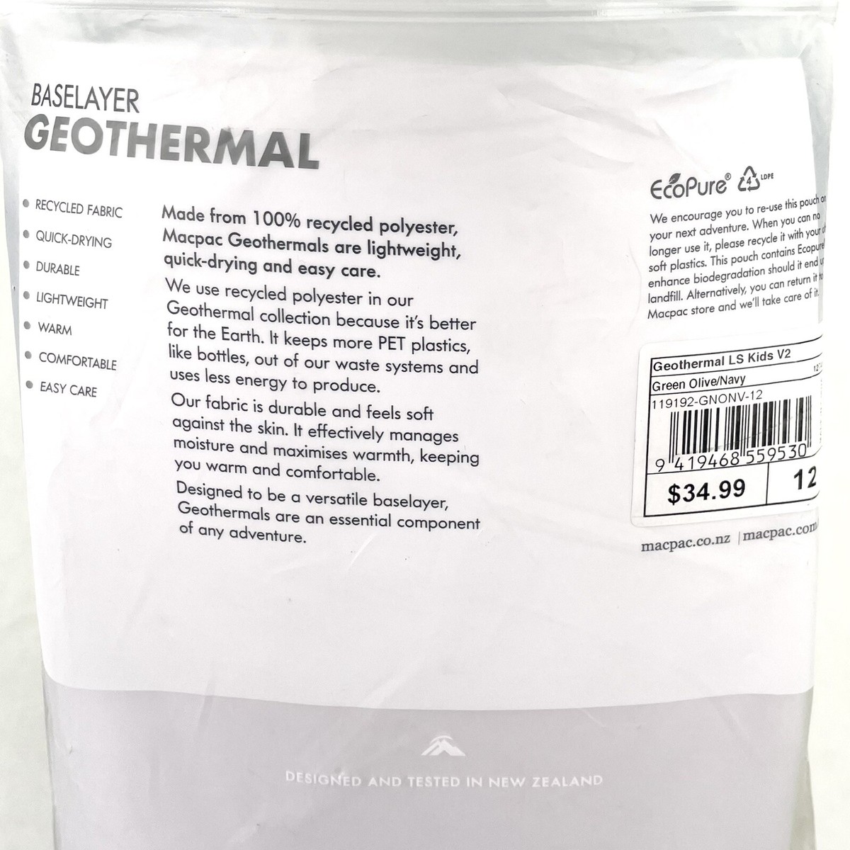 Première Couche Enfant Macpac Geothermal - Manches Longues - Olive/Navy - Taille 12