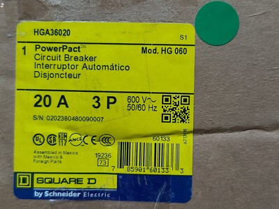 Square D HGA36020 20A 3P 600V PowerPact I-Line Circuit Breaker
