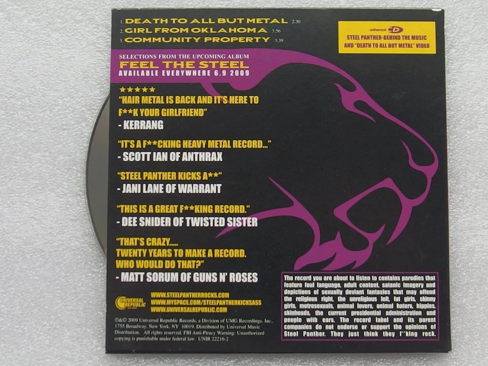 Steel Panther 2009 Feel Steel CD Promo Sampler w/Behind the Music mockumentary Foto 2 de 3
