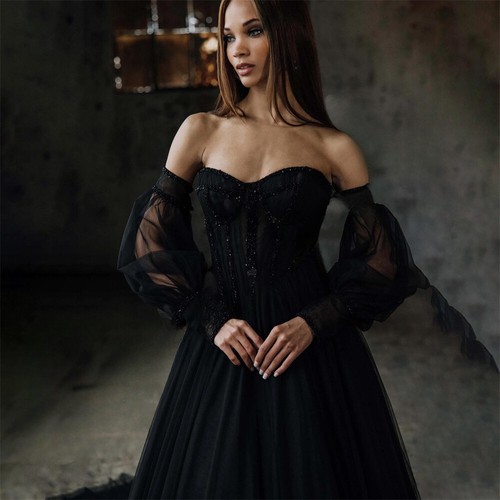 Black A Line Wedding Dresses Princess Off Shoulder Tulle Backless Bridal Gowns - Picture 4 of 9