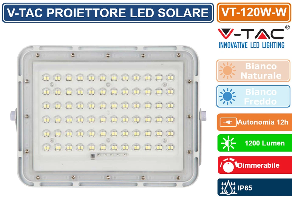 V-TAC VT-120W FARO LED FLOODLIGHT 15W BIANCO PANNELLO SOLARE TELECOMANDO - IP65 - Immagine 4 di 4