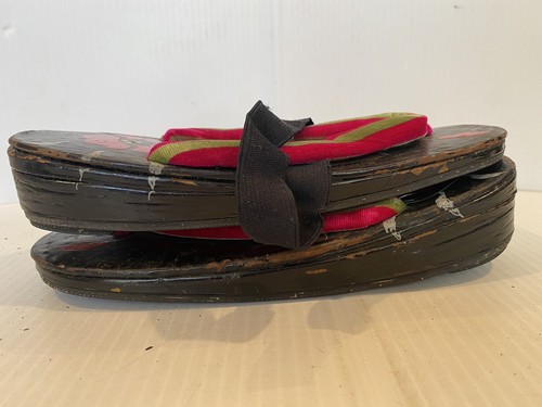 Vintage Geisha Geta Sandal Shoes Antique Black Japanese Wooden Lacquer Maiko - Picture 8 of 12