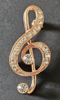 Roségoldfarbene und Kristall Musik Violinschlüssel Brosche 5 cm x 2,5 cm 