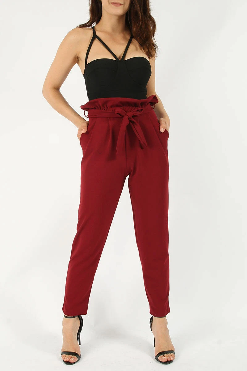 New Plus Size Ladies Belted High Waist Paper Bag Ruched Cigarette Trousers  Pants