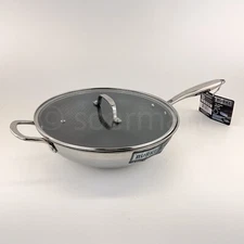 David Burke Geo Clad 5-Qt Tri-ply Heavy Stainless Steel  12" Wok  Glass Lid New