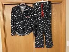 Victoria's Secret Flannel Pajama Set Black White Penguin Red Trim Size XS