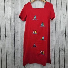 Vintage Country Concept Embroidered Sailboats Linen Blend Dress S
