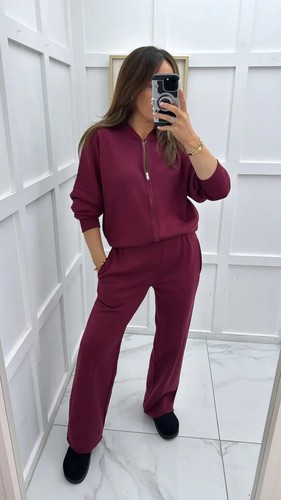 Womens 2PCS Loungewear Set Ladies Zip Top Bomber Suit Wide Pants Wear Tracksuits - Picture 26 of 26