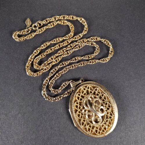 vintage Sarah Coventry locket necklace filigree openwork gold tone ...