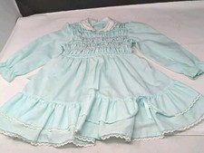 Vtge Polly Flinders Hand Smocked Dress Size 4T Green w/White  Pink Flowers-LS 
