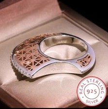 Stunning Hallmarked S925 Sterling Silver & Copper Art Deco Ring + Sparkling CZ