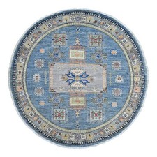 6'x6' Blue Peshawar Caucasian Influence Hand Knotted Pure Wool Round Rug R20393