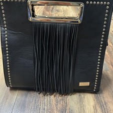 Black Leather Gucci Front Fringe Handle Tote Bag Gold Trim