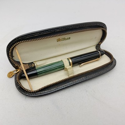 PELIKAN 140 GREEN STRIPED PISTON FOUNTAIN PEN 14K EF NIB VTG 50s RARE IN CASE