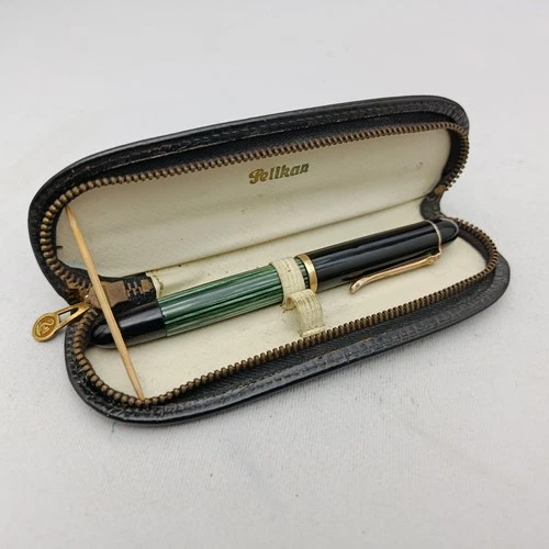 PELIKAN 140 GREEN STRIPED PISTON FOUNTAIN PEN 14K EF NIB VTG 50s RARE IN CASE