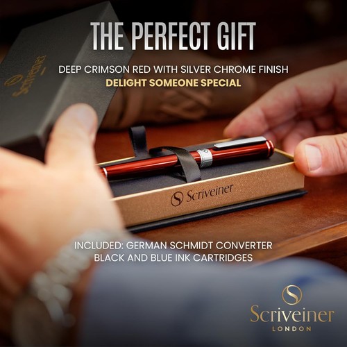 Elegant Deep Red Brass Fountain Pen with Chrome Finish and Fine Nib - Gift Ready - Foto 5 di 11