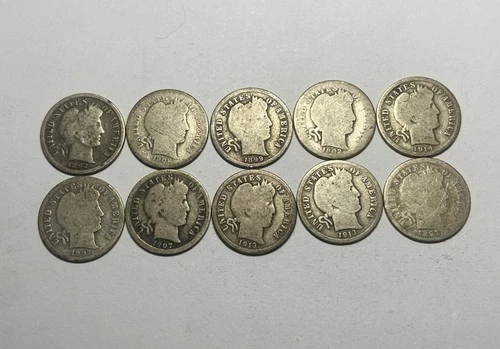 Lot of 10 - Barber One Dime 90% Silver 10c US. 1892-1914