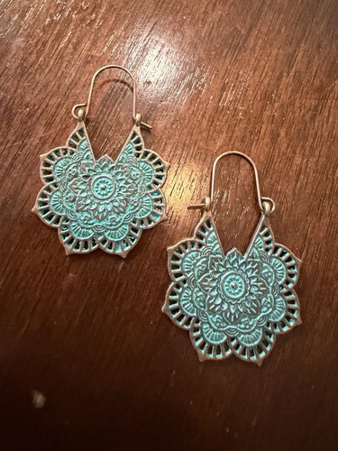Boho Mandala Flower Earrings Turquoise Verdigris Patina Filigree Lotus Dangle