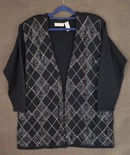 Vintage Elisabeth Lambswool Black Cardigan Sequin Beaded Argyle Open Front 