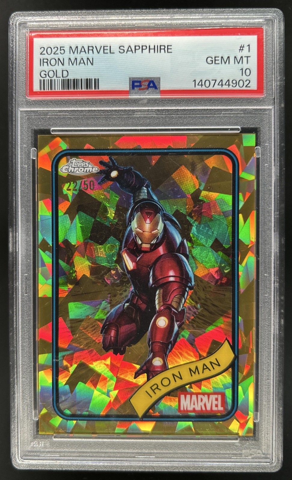 2025 Topps Chrome Marvel Sapphire Iron Man Gold Refractor #/50 PSA 10 GEM MINT