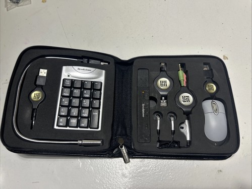 Brookstone Travel Office Kit In Case, Mouse Headphones Cords Microphone -1
