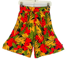Vintage 1990s red floral shorts S rayon black green gold pockets tropical skort