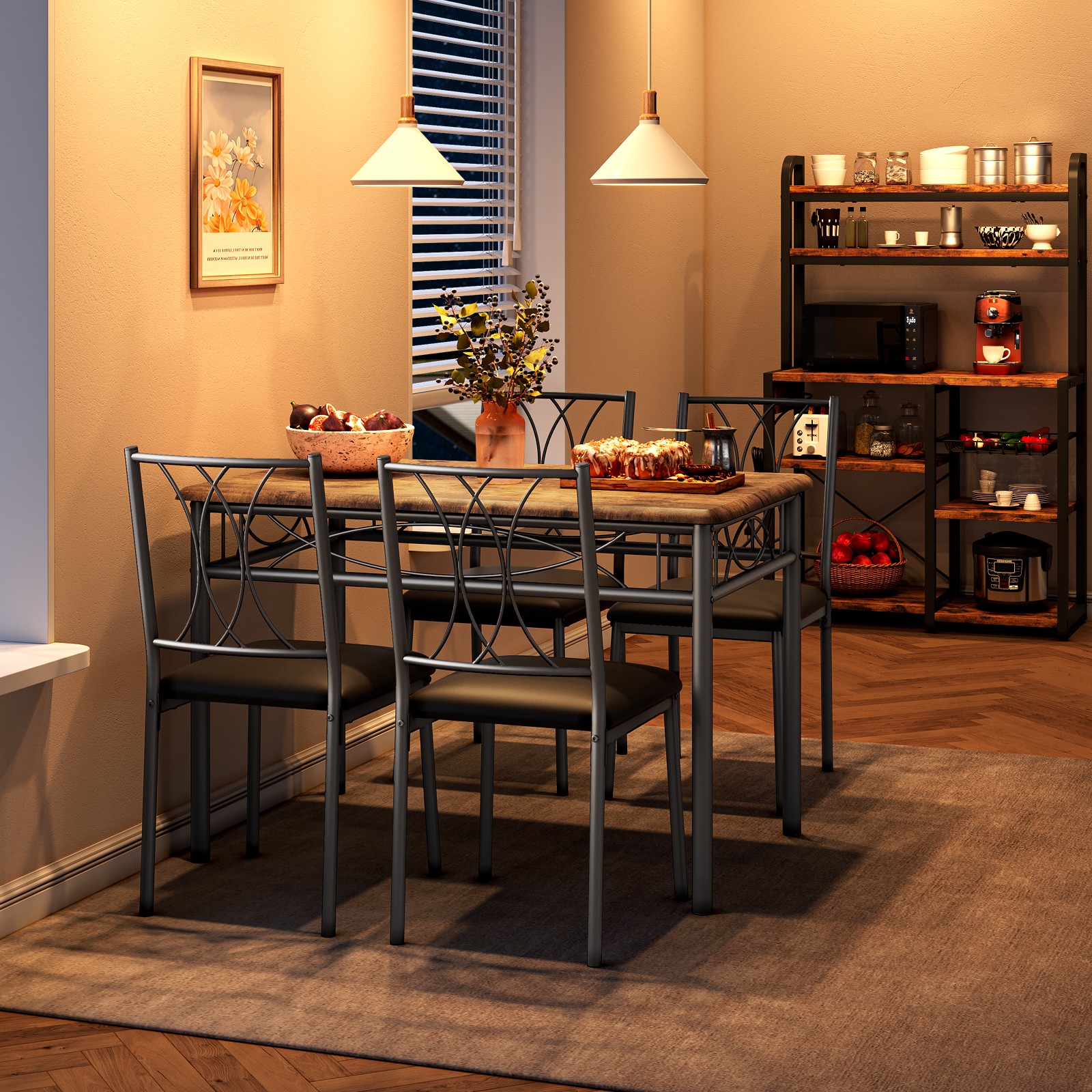 Dining Table and Chair Set for 4, Wooden Kitchen Table with 4 Upholstered Chairs