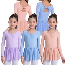 Kids Girls Leotard Gymnastics Dresses Back Dancewear Bowknot Ballet Shiny Dance